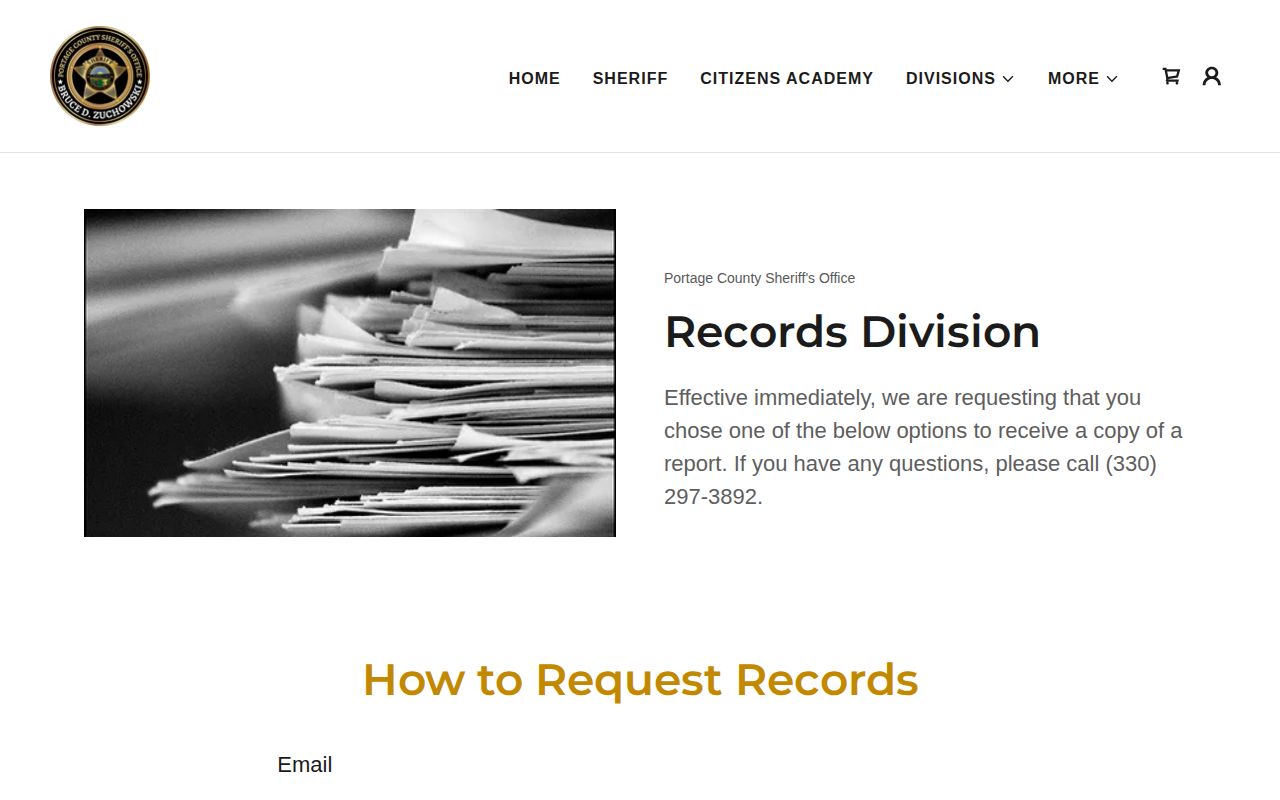 Portage County booking-record request information from the Sheriff Records Division