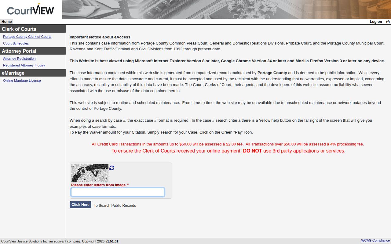 Portage County official court case record search interface