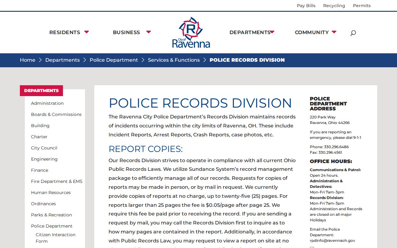 Ravenna Police records request page for arrest and case-photo records