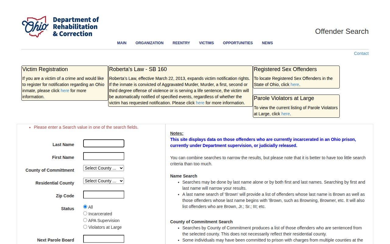 Ohio DRC offender-search form for state corrections records after a Portage County case