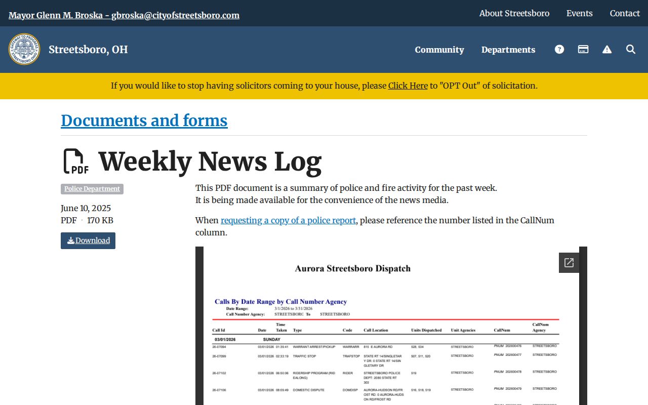 Streetsboro Police public news-log index for city arrest-record context